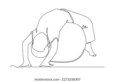 Single one line drawing boy doing stretching on big ball. Fitness activity concept. Continuous line draw design graphic vector illustration.