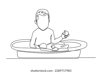 Un dibujante de una sola línea tomando un baño en la bañera mientras juega. El concepto de actividades en el baño. Ilustración gráfica de vector de diseño de línea continua.