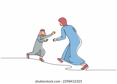 Single one line drawing boy running to mother. Arabian boy running to hug his mother. Little son running to his mom who standing and waiting with open arms. Continuous line draw design graphic vector