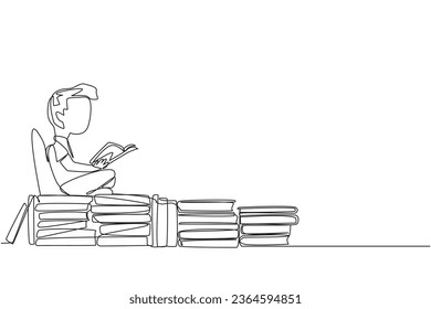Single one line drawing boy sitting relaxed reading a book on pile of books. Relax while reading fiction books. Enjoy the storyline. Book festival concept. Continuous line design graphic illustration