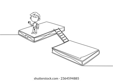 Single one line drawing boy walking on books. A book exhibition concept. Display many books, from scientific books to fiction story books. Book festival. Continuous line design graphic illustration