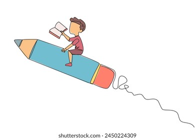 Single one line drawing a boy rides on a pencil-shaped rocket. Reading a book at a height. Read books anywhere. Very good habits. Book festival concept. Continuous line design graphic illustration