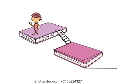 Single one line drawing boy walking on books. A book exhibition concept. Display many books, from scientific books to fiction story books. Book festival. Continuous line design graphic illustration