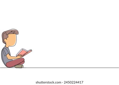 Single one line drawing boy sitting cross-legged reading book. The new hobby of reading books helps to relax. One book one day. Good habits. Book festival. Continuous line design graphic illustration