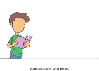 Single one line drawing boy focused on reading. Try to find answers to the tasks given. Seek more knowledge. Reading increases insight. Happy reading. Continuous line design graphic illustration