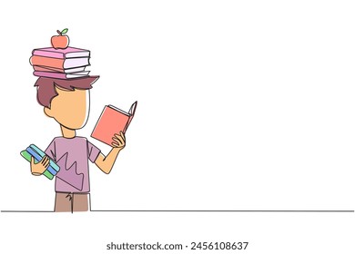 Un chico de dibujo de una sola línea leyendo un libro practicando el equilibrio. Apilar libros en la parte superior de la cabeza junto con la manzana. Equilibrar el ritmo de lectura, entrenar el enfoque. Me encanta leer. Ilustración gráfica de línea continua