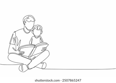 Una sola línea dibujando a un niño sentado en el regazo de su padre que está sentado con las piernas cruzadas. Leyendo ciencia. Actividades divertidas. Inteligente. Día Internacional de Léeme. Ilustración gráfica de diseño de línea continua