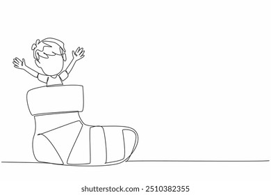 Single one line drawing boy out of big socks. Play with joy and still get his rights. Child play in socks playground. Happiness. World Down Syndrome Day. Continuous line design graphic illustration