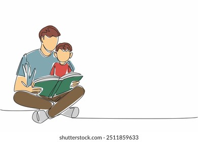 Single one line drawing a boy sitting on his father's lap who is sitting cross-legged. Reading science. Fun activities. Smart. International Read to Me Day. Continuous line design graphic illustration