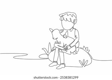 Single one line drawing boy sitting on a large rock holding a baby goat. Taking the pet for an evening walk. Building bonds. National Farm Animals Day. Continuous line design graphic illustration