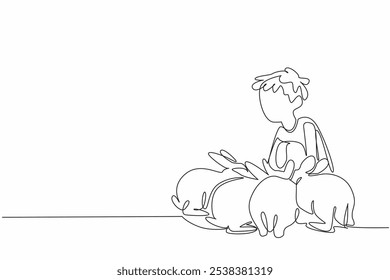 Single one line drawing boy is squatting and surrounded by many rabbits. It is time to feed the beloved livestock. Learn to farm. National Farm Animals Day. Continuous line design graphic illustration