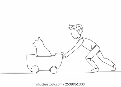 Single one line drawing a boy is pushing a wheeled cart containing a cat. Playing happily. Taking care of pets. Fun and cheerful. Cute. National Pet Day. Continuous line design graphic illustration