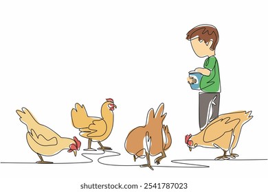 Single one line drawing a boy carrying a small bucket and sprinkling food on chickens. Young farmer. Learning from an early age. National Farm Animals Day. Continuous line design graphic illustration