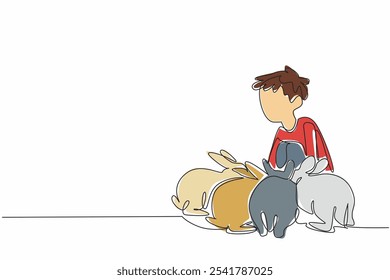 Single one line drawing boy is squatting and surrounded by many rabbits. It is time to feed the beloved livestock. Learn to farm. National Farm Animals Day. Continuous line design graphic illustration