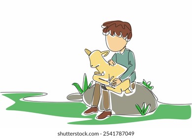 Single one line drawing boy sitting on a large rock holding a baby goat. Taking the pet for an evening walk. Building bonds. National Farm Animals Day. Continuous line design graphic illustration