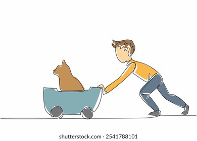 Single one line drawing a boy is pushing a wheeled cart containing a cat. Playing happily. Taking care of pets. Fun and cheerful. Cute. National Pet Day. Continuous line design graphic illustration