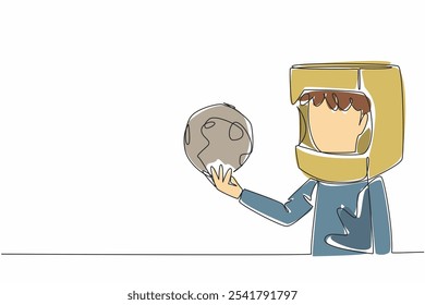 Single one line drawing boy wearing cardboard helmet holding miniature moon. Aspire as high as the moon. Become a spaceman. Cosmonaut. Cosmonautics Day. Continuous line design graphic illustration