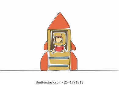 Single one line drawing boy riding a big cardboard rocket wearing cardboard helmet. Aspires to be a spaceship builder that flies to moon. Cosmonautics Day. Continuous line design graphic illustration