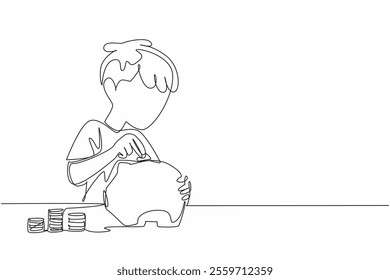 Single one line drawing a boy is putting coins into a piggy bank. The habit of saving from an early age. Financial preparation for the future. Coin Week. Continuous line design graphic illustration