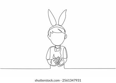 Single one line drawing the boy carrying a rabbit and his head wearing a rabbit ear headband. School drama. Resembling a pet. National Kids and Pets Day. Continuous line design graphic illustration