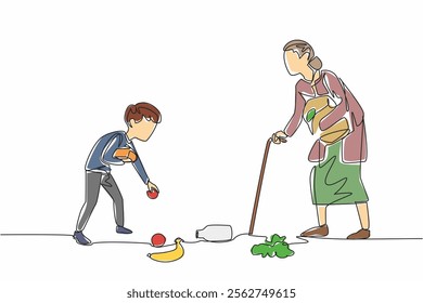 Single one line drawing a boy helps an old grandmother who is having trouble. Picking up groceries. Noble character. Role model. Helping. Good Deeds Day. Continuous line design graphic illustration