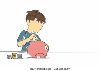 Single one line drawing a boy is putting coins into a piggy bank. The habit of saving from an early age. Financial preparation for the future. Coin Week. Continuous line design graphic illustration