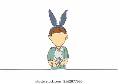 Single one line drawing the boy carrying a rabbit and his head wearing a rabbit ear headband. School drama. Resembling a pet. National Kids and Pets Day. Continuous line design graphic illustration