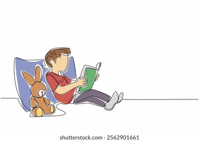 Single one line drawing boy leaning on pillow reading story book to bunny doll. A tale of friendship between rabbits. Myth. National Tell a Story Day. Continuous line design graphic illustration