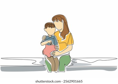 Single one line drawing boy and his mother sitting on sofa holding a piggy bank. The importance of financial planning. National Teach Children to Save Day. Continuous line design graphic illustration