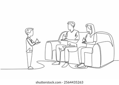 Single one line drawing boy standing in front of father and mother who are sitting. Learning sign language. A language full of love. Mother Father Deaf Day. Continuous line design graphic illustration