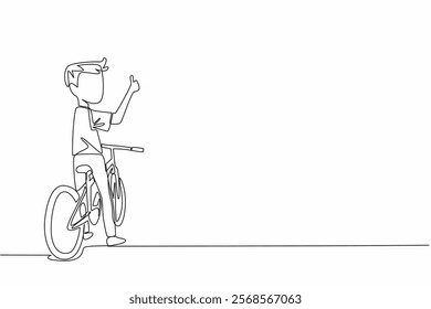 Single one line drawing boy sitting on bike looking back with thumbs up gesture. Pursue knowledge in a healthy way. Biker. National Bike to School Day. Continuous line design graphic illustration