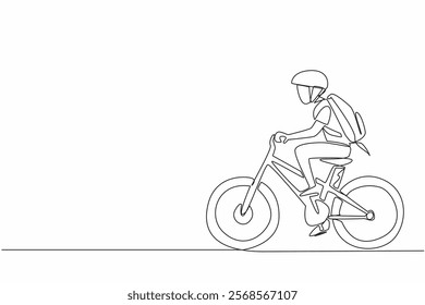 Single one line drawing a boy riding a bicycle while carrying a bag and wearing a helmet. Pedal hard to come first. Biker. National Bike to School Day. Continuous line design graphic illustration