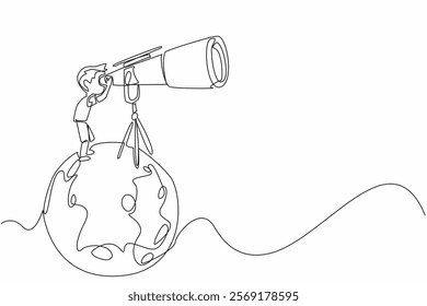 Single one line drawing boy looking through giant telescope at the moon. Studying the knowledge that exists in outer space. Scientist. National Space Day. Continuous line design graphic illustration