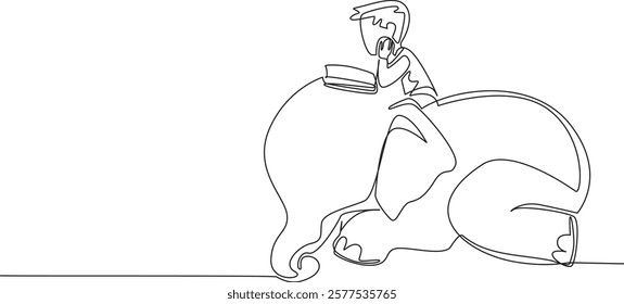 Single one line drawing boy reading a book on a cute elephant lying down. Observing the largest land animals in the world. Boy Reading Book at Animal Back. Continuous line design graphic illustration