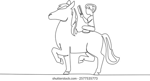 Single one line drawing boy reading book on cute horse. Learning and practicing balance. Reading on a walking horse. Nerd. Boy Reading Book at Animal Back. Continuous line design graphic illustration