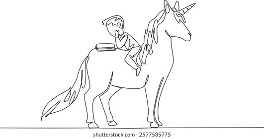 Single one line drawing boy reading book on cute unicorn. Get ease of learning. Can focus anywhere. Always read seriously. Boy Reading Book at Animal Back. Continuous line design graphic illustration