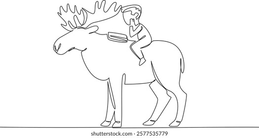 Single one line drawing boy reading book on cute moose. Seriously learn to count distribution of moose. Little observer. Boy Reading Book at Animal Back. Continuous line design graphic illustration