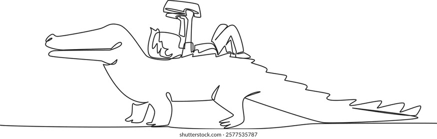 Single one line drawing boy reading book on cute crocodile. Lying on the back reading book. Serious but relaxed. The nerd. Boy Reading Book at Animal Back. Continuous line design graphic illustration