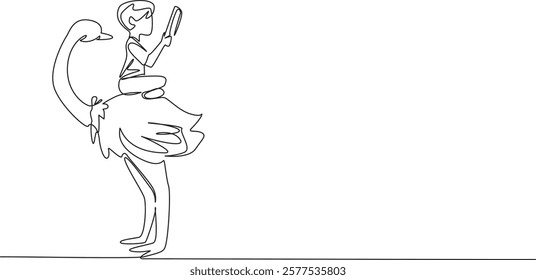 Single one line drawing boy reading book on cute ostrich. Sit cross legged and study seriously. Learn to be an observer. Boy Reading Book at Animal Back. Continuous line design graphic illustration