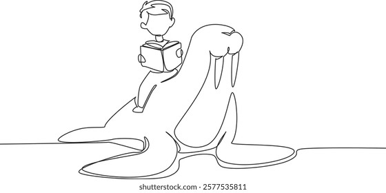 Single one line drawing boy reading book on cute walrus. Reading while practicing. Getting know animal anatomy. The nerd. Boy Reading Book at Animal Back. Continuous line design graphic illustration