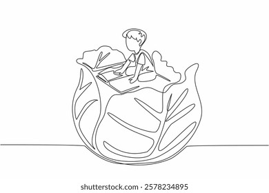 Single one line drawing boy reading on green cabbage leaf. Delving into natural science during the holidays. Boy Reading Book at Vegetables and Fruits. Continuous line design graphic illustration