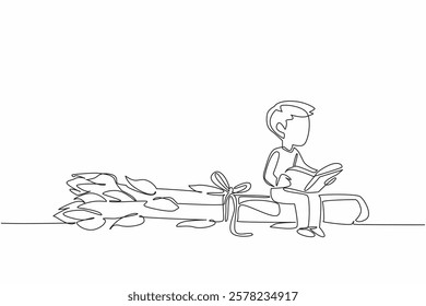 Single one line drawing boy reading on asparagus tied with string. Read antioxidant content found in asparagus. Boy Reading Book at Vegetables and Fruits. Continuous line design graphic illustration