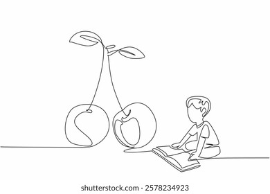 Single one line drawing boy reading next to cherry. Learn anytime, anywhere. Even during harvest time. The nerd. Boy Reading Book at Vegetables and Fruits. Continuous line design graphic illustration