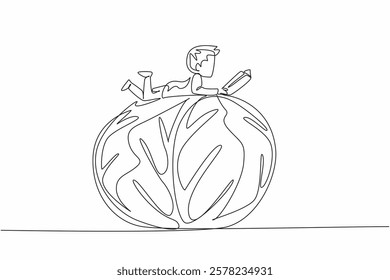 Single one line drawing boy reading on red cabbage. Read benefits of the ingredients contained in red cabbage. Boy Reading Book at Vegetables and Fruits. Continuous line design graphic illustration