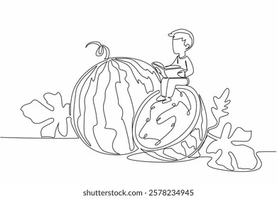 Single one line drawing boy reading reading on watermelon cut in half. The little watermelon farmer. Study hard. Boy Reading Book at Vegetables and Fruits. Continuous line design graphic illustration