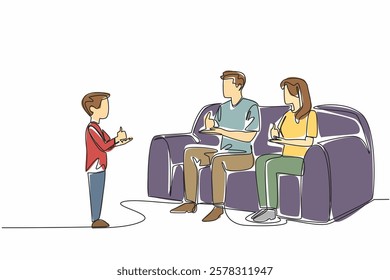 Single one line drawing boy standing in front of father and mother who are sitting. Learning sign language. A language full of love. Mother Father Deaf Day. Continuous line design graphic illustration