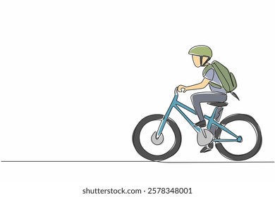 Single one line drawing a boy riding a bicycle while carrying a bag and wearing a helmet. Pedal hard to come first. Biker. National Bike to School Day. Continuous line design graphic illustration