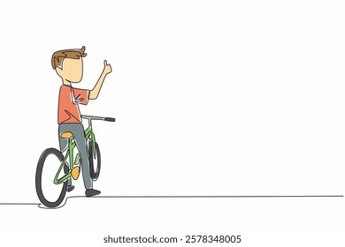 Single one line drawing boy sitting on bike looking back with thumbs up gesture. Pursue knowledge in a healthy way. Biker. National Bike to School Day. Continuous line design graphic illustration