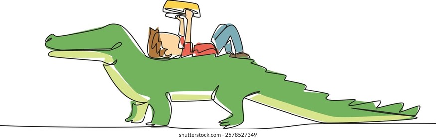 Single one line drawing boy reading book on cute crocodile. Lying on the back reading book. Serious but relaxed. The nerd. Boy Reading Book at Animal Back. Continuous line design graphic illustration