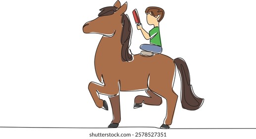 Single one line drawing boy reading book on cute horse. Learning and practicing balance. Reading on a walking horse. Nerd. Boy Reading Book at Animal Back. Continuous line design graphic illustration